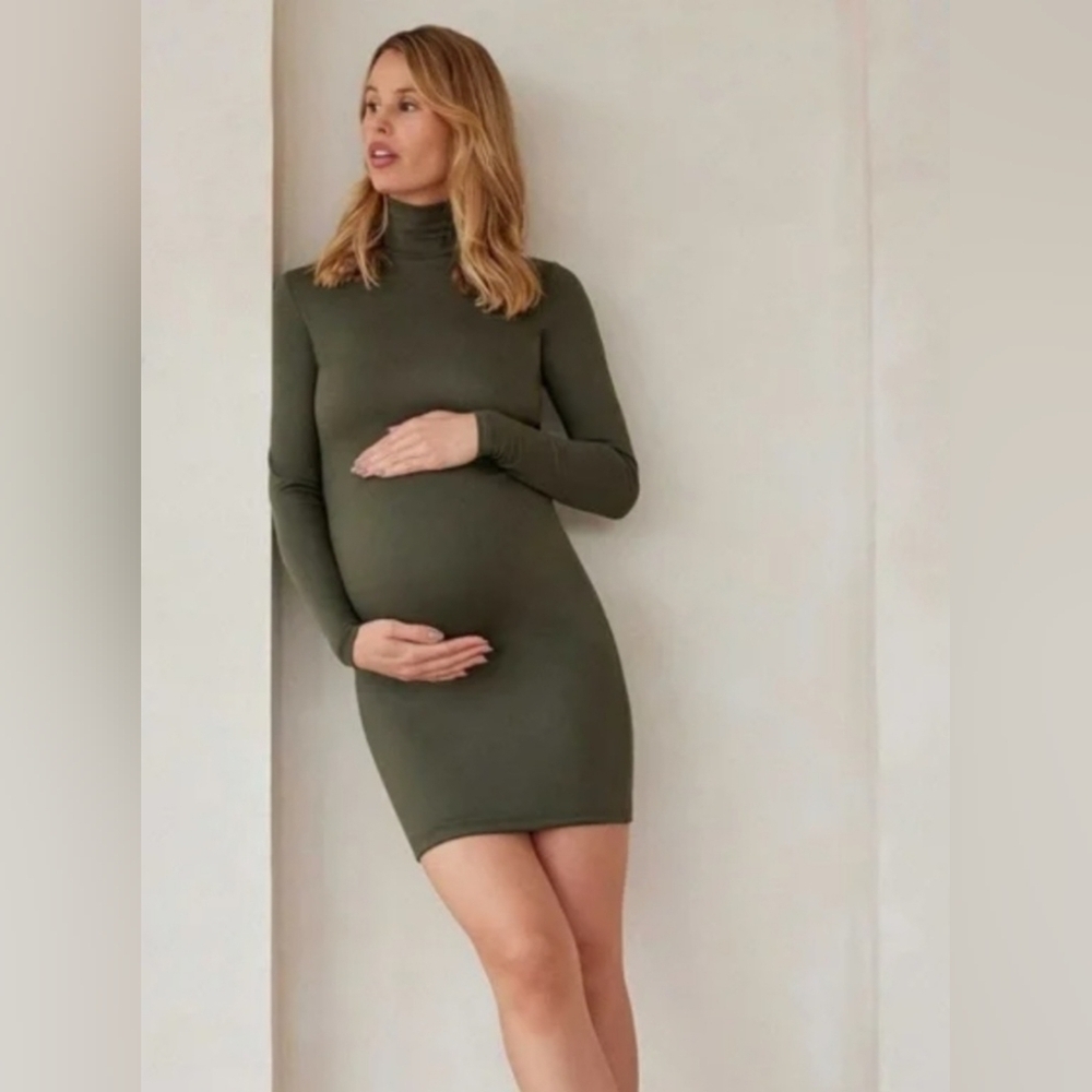 BUMPSUIT Elegant Olive Green Turtleneck Maternity Dress Size L - Picture 2 of 11